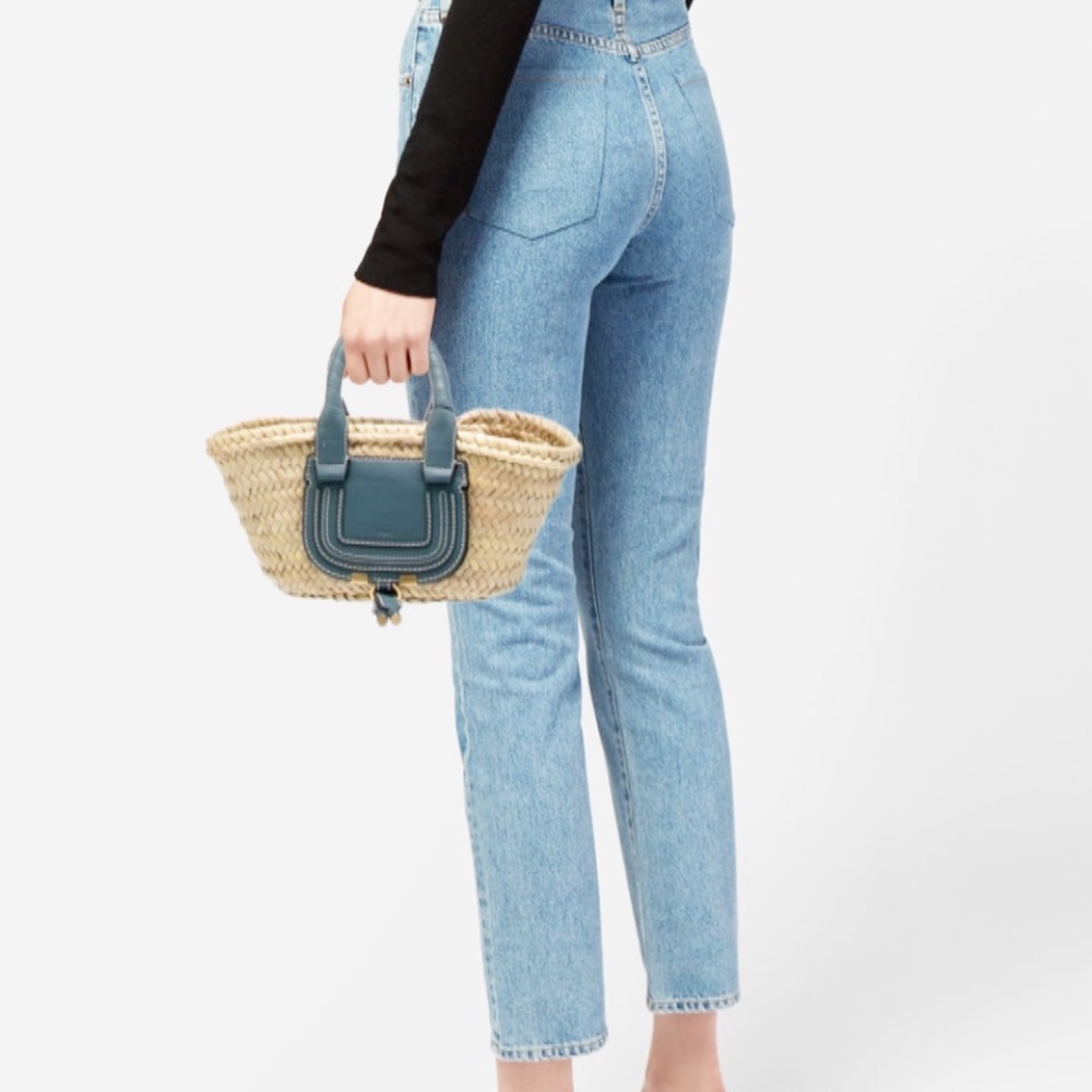 100% Authentic Chloé Marcie very Rare Straw/Leather handbag Blue Leather Handle - Picture 8 of 8